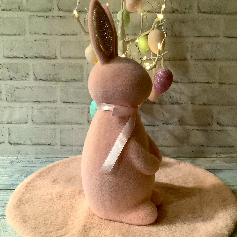 BELLA LUX Pink 15in Flocked Rabbit With Ribbon - Picture 6 of 6